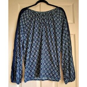 St. John's Bay Large V-Neck Shirt Blue Green Autumn Lace Long Sleeve Key Hole